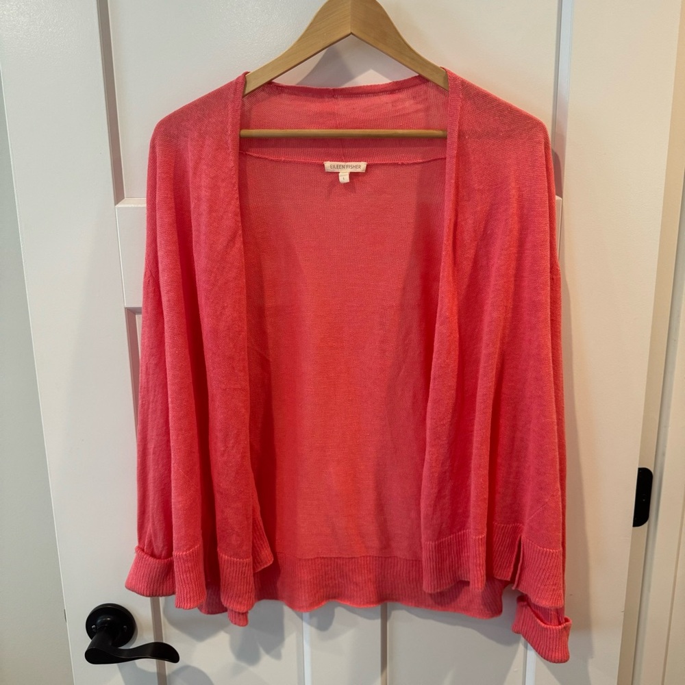 Eileen Fisher Womens Large Pink Cardigan Open 100% Linen Top Beachy Long Sleeve